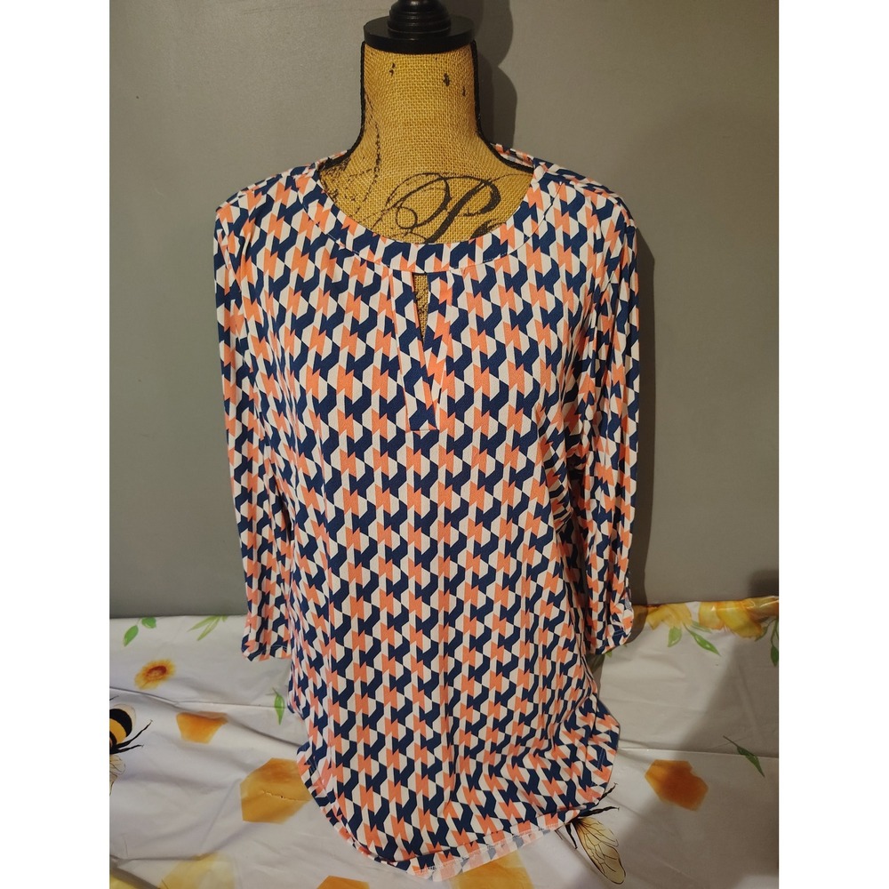 Cure Women 2XL Geometric Print Split Neck 3/4 Sleeve Blouse Navy Orange White